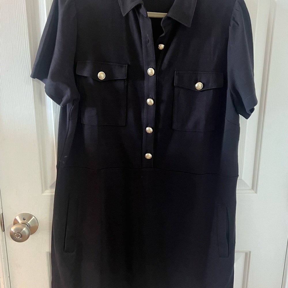 LOFT Navy Midi Dress with Pearl Buttons